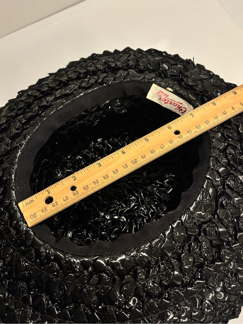 Vintage Charter Hat black woven raffia straw sun hat flat crown medium brim - Picture 13 of 15